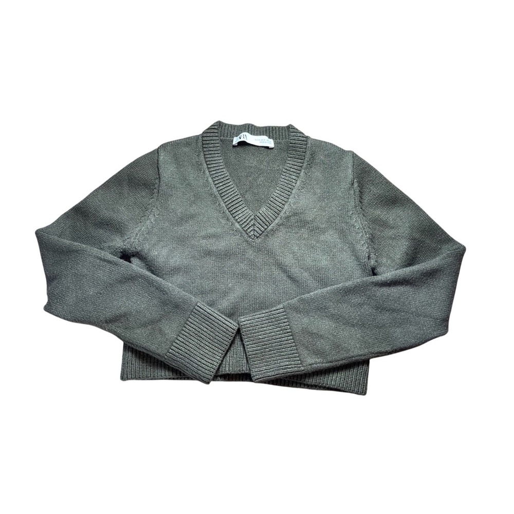 Zara Womens Cropped V-Neck Knit Sweater Olive Green Long Sleeve Ribbed Size S